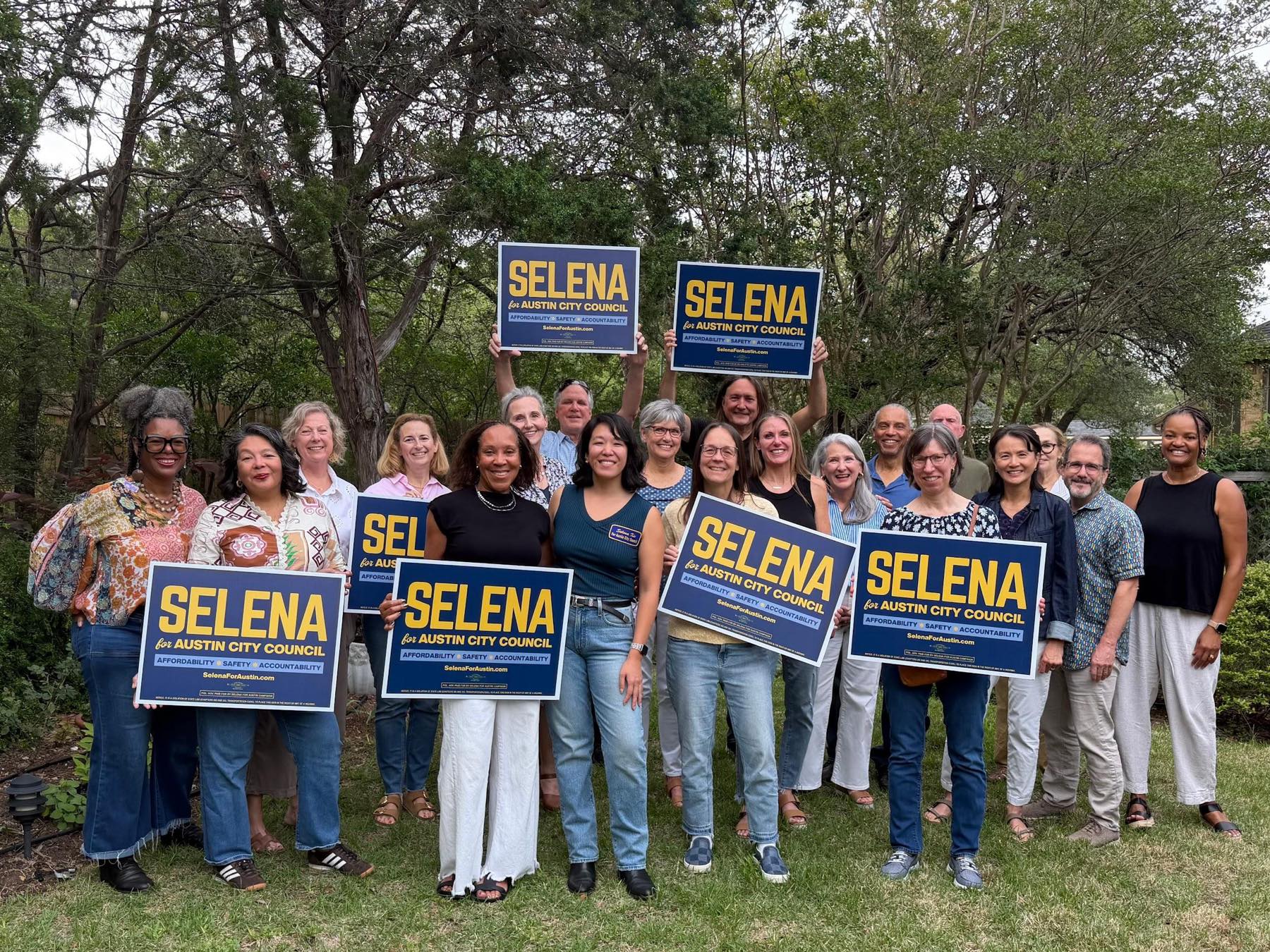 Supporters gathered with Selena for Austin City Council yard signs